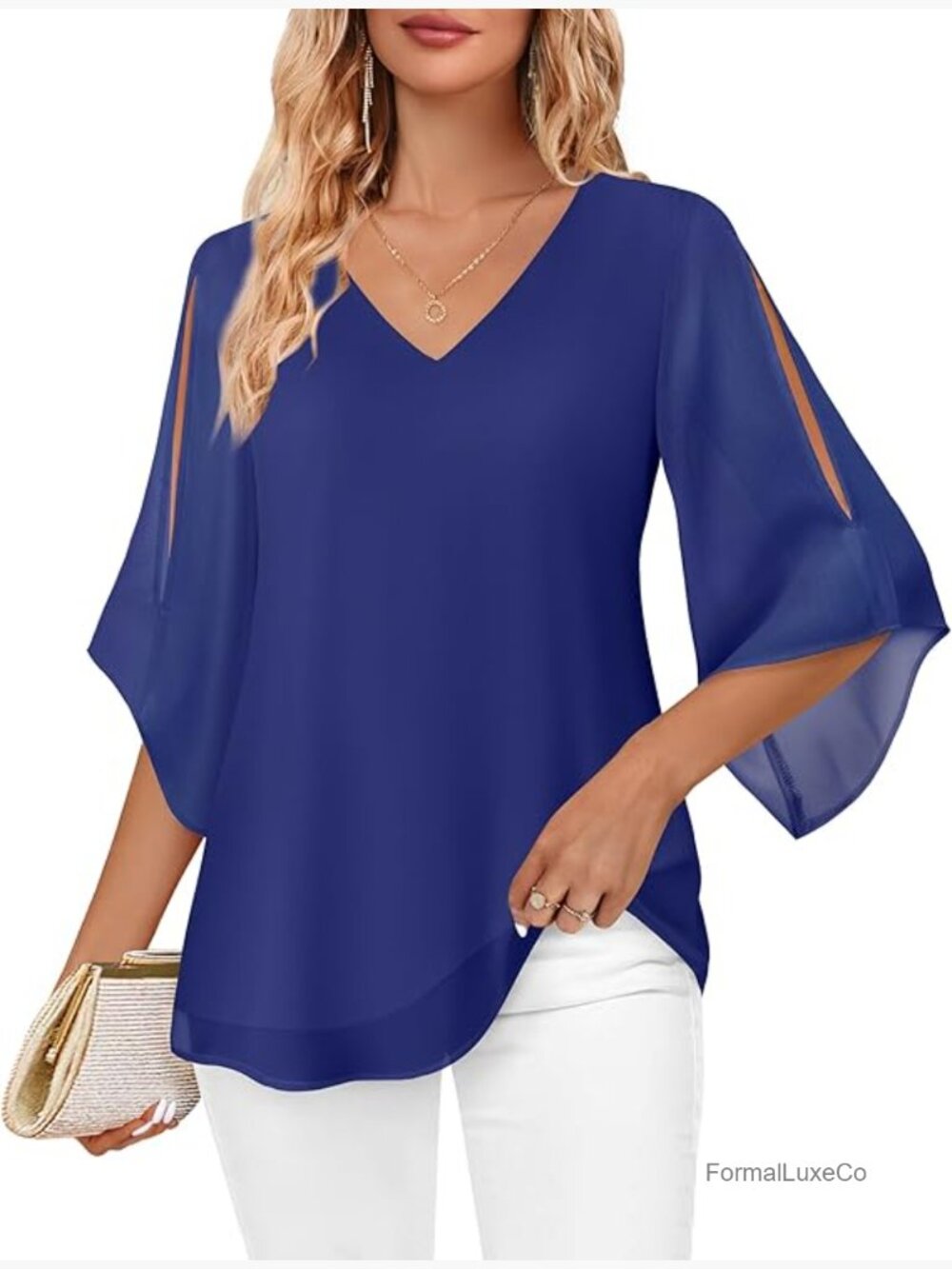 Ruffle 3/4 Sleeve V Neck Double Layers Chiffon Blouse Dressy Tunic Top
